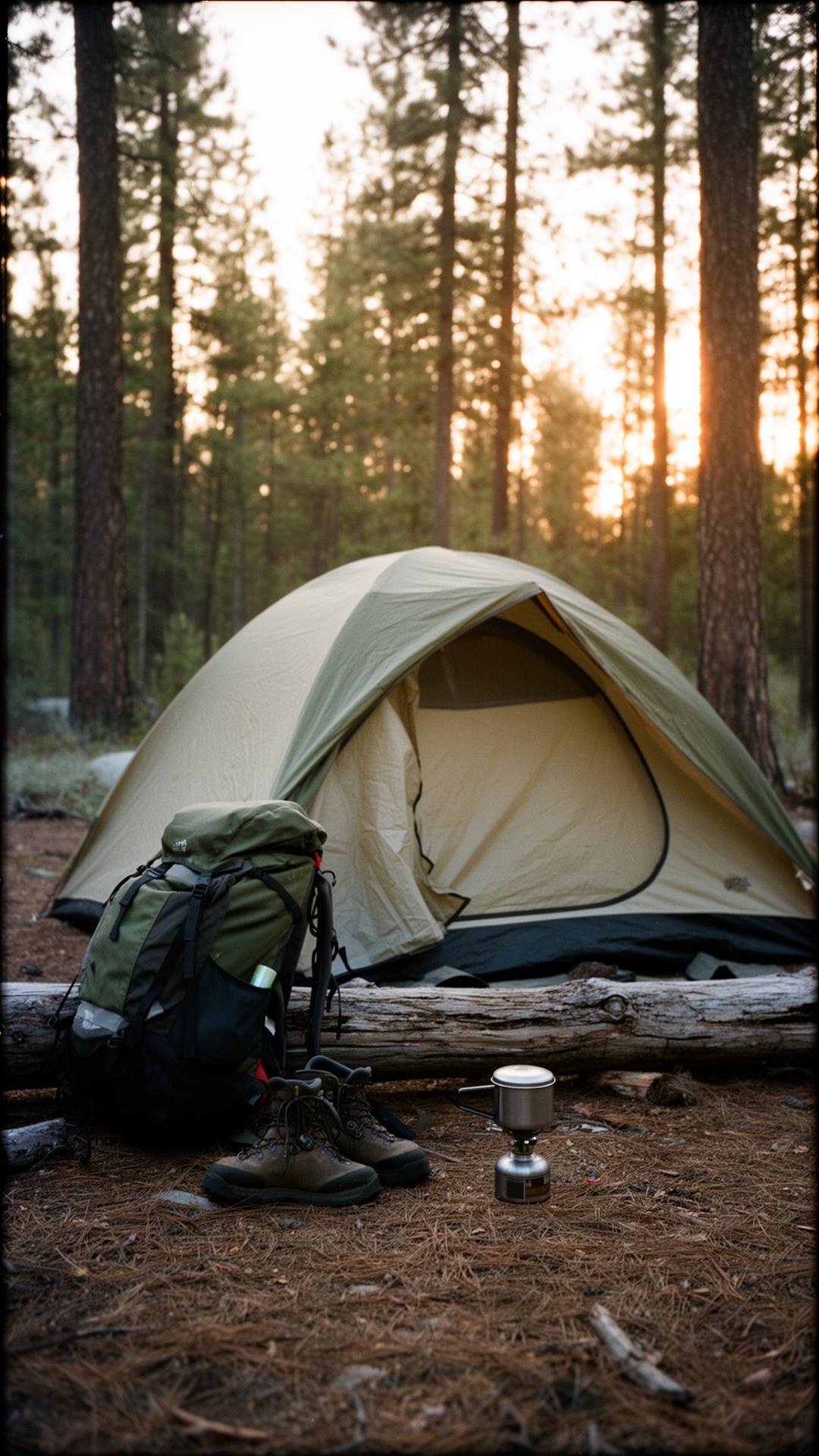 A real backpacking campsite in a pine forest at dusk